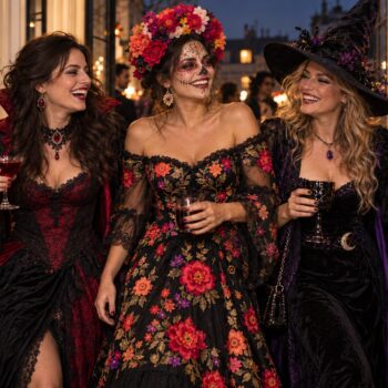 Tres amigas disfrazadas de vampiresa, Catrina y bruja para Halloween