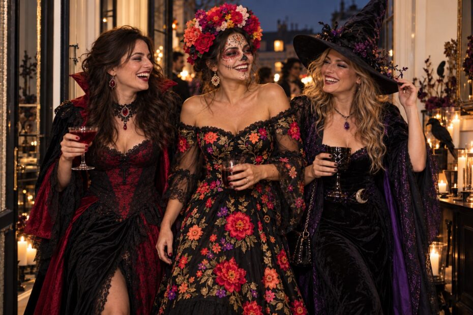 Tres amigas disfrazadas de vampiresa, Catrina y bruja para Halloween